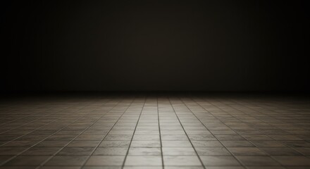 A dark room with a tiled floor, lit from the front