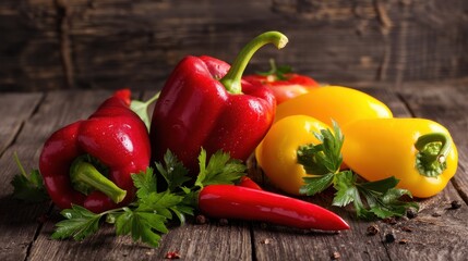 Fresh red and yellow hot chili peppers on a wooden background, a vibrant and healthy vegetable ingredient