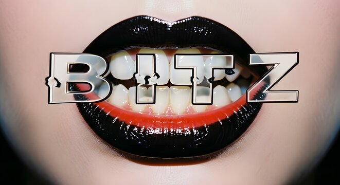Dark Lips Red Underneath Bitz Word Across Teeth Bold Statement Graphic Image Stylish Mouth