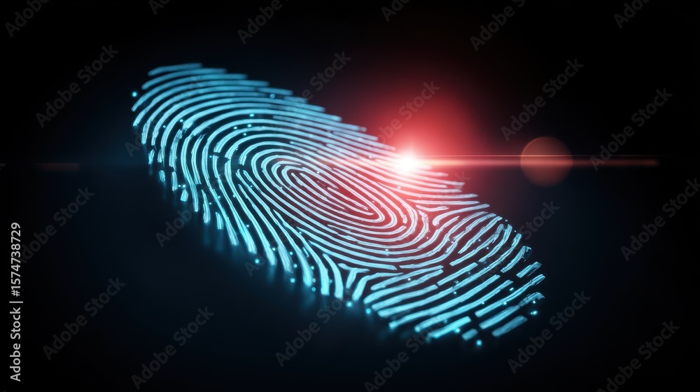 Poster digital fingerprint design with glowing elements on a dark background, emphasizing security and tech