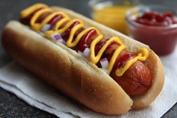 Classic hot dog with mustard.