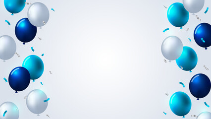 light blue, blue and white balloons with falling confetti in white and grey background template for birthday, celebration, graduation, anniversary or business events © Shalitha Ranathunge