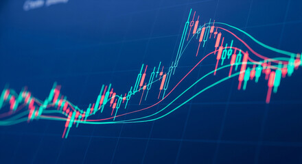 Photo of a closeup of a digital financial chart displays a strong upward trend with red and green candlesticks and flowing indicator lines on a dark blue screen