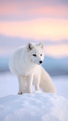 Obraz premium A majestic white fox stands gracefully atop a pristine blanket of snow, its fur glistening in the soft winter sunlight, surrounded by a serene, snowy landscape.