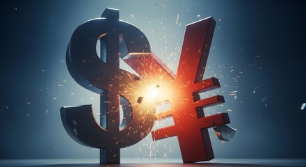 Dollar Yen Collision Sparks Fiery Exchange Rate Battle Dramatic Image Depicting Economic Conflict Currency Symbols Clashing Amidst Flying Sparks