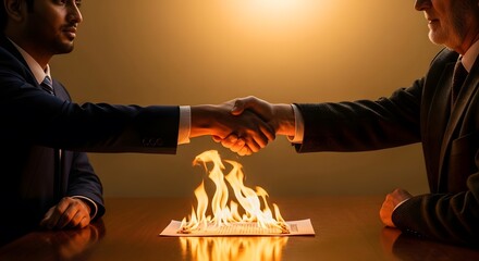 A fiery handshake seals a deal, a contract ablaze, symbolizing a broken agreement, a partnership dissolved in flames, leaving only ashes and regret behind.