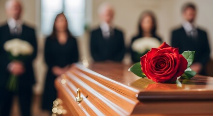 A single red rose rests gently atop a polished wooden casket, mourners stand solemnly in the background, a poignant scene of remembrance and grief.