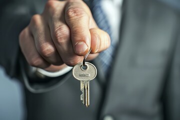 Businessman holding a key, symbolizing new opportunities, property ownership, or business ventures