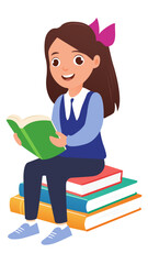 Cute cartoon girl reading a book while sitting on a stack of books. Ideal for school, library, education, studying, and learning-themed illustration or design projects