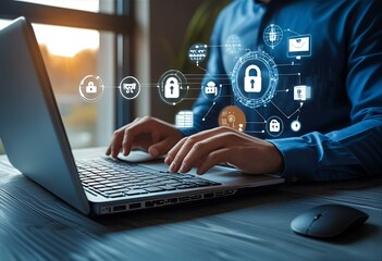 A man uses his laptop, secured by an encrypted data security system, VPN connections, and zero trust security for robust network protection.