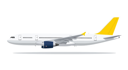 Fototapeta premium A white airplane with yellow tail and wingtips is depicted in a side view on a white background.