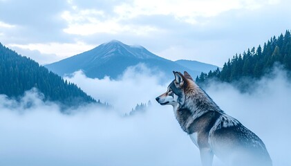 A majestic wolf stands alert in a serene forest, surrounded by tall, lush trees, with dappled sunlight filtering through the leaves, creating a tranquil atmosphere.