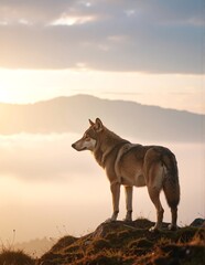 A majestic wolf stands proudly atop a grassy hill, its fur glistening in the sunlight, with a breathtaking landscape of mountains and trees in the background.