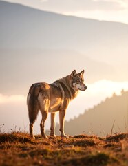 A majestic wolf stands proudly atop a grassy hill, its fur glistening in the sunlight, with a breathtaking landscape of mountains and trees in the background.