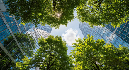 Photo of looking up through lush green trees at modern glass skyscrapers against a bright blue sky with fluffy clouds, showcasing a harmonious blend of nature and urban architecture
