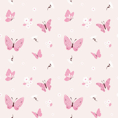 Seamless Pink Butterfly and Flower Pattern – Cute Spring Garden Design for Girls Fabric, Nursery Decor & Baby Clothing