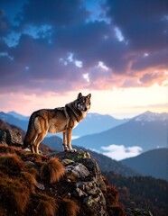 A majestic wolf stands proudly atop a rugged mountain peak, its fur glistening in the sunlight, surrounded by a breathtaking panoramic view of valleys below.