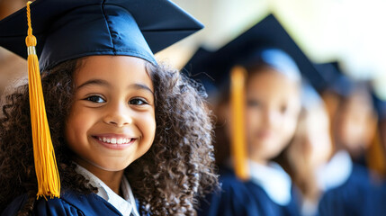 A young girl in a graduation cap and gown, smiling and looking at the camera.