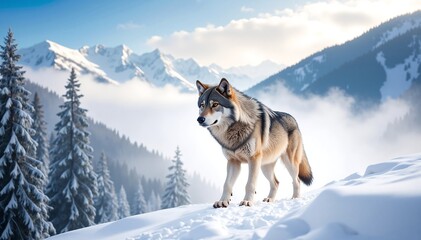A majestic wolf stands proudly atop a snow-covered mountain peak, its fur glistening in the sunlight, surrounded by a breathtaking winter landscape.