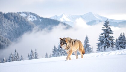 A majestic wolf strides gracefully through a pristine blanket of snow, its thick fur glistening in the sunlight, leaving paw prints in the soft, white powder.