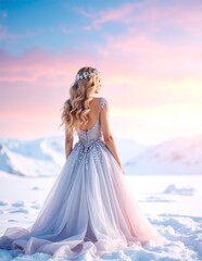 A graceful woman in a flowing, elegant dress stands amidst a serene snowy landscape, her attire contrasting beautifully with the soft white snowflakes.