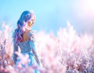A woman in a flowing blue dress stands gracefully atop a vibrant bed of colorful flowers, her hair gently swaying in the breeze, radiating joy.