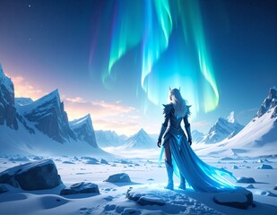 A woman in a flowing blue dress stands gracefully on a snow-covered landscape, her hair gently tousled by the winter breeze, surrounded by glistening snowflakes.