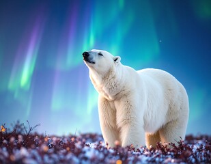 A majestic polar bear roams the icy wilderness, its thick white fur contrasting against the shimmering blue ice and snow, embodying the beauty of the Arctic.