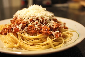 Spaghetti bolognese with parmesan.