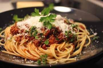 Spaghetti bolognese with parmesan.