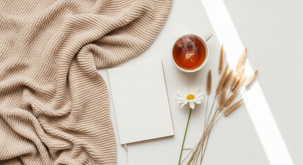 Photo of a cozy beige knitted blanket is draped next to a blank notebook, a steaming cup of tea, a delicate daisy, and dried wheat stalks, arranged on a white surface with soft sunlight