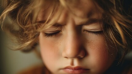 Naklejka premium Pensive child s face disturbed from sleep