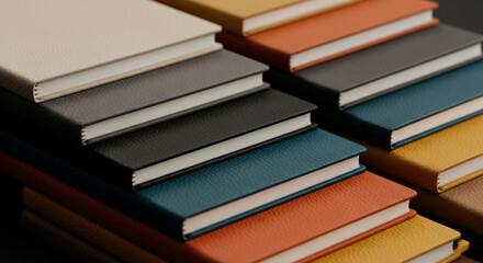 Photo of a neat arrangement of stacked books and notebooks in various colors, including cream, black, grey, blue, orange, and yellow, showcases different textures and bindings