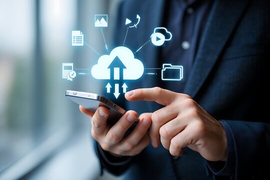 Businessman using a smartphone interacting with a glowing cloud network interface displaying various data icons for cloud computing and digital transformation - Powered by Adobe
