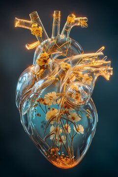 Glowing Yellow Flowers Inside Transparent Glass Heart