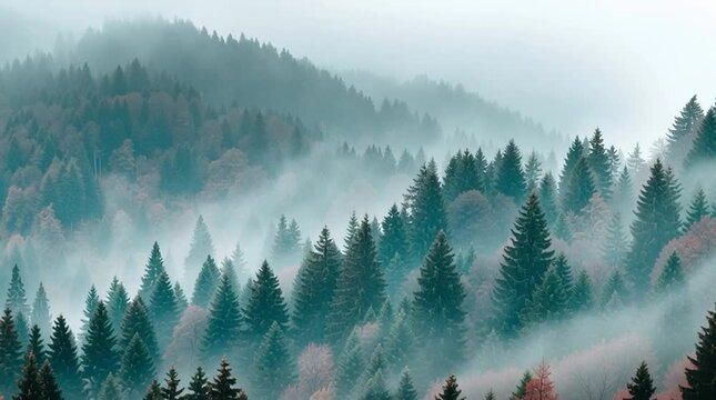 Misty Autumn Forest with Layers of Pine Trees and Fog