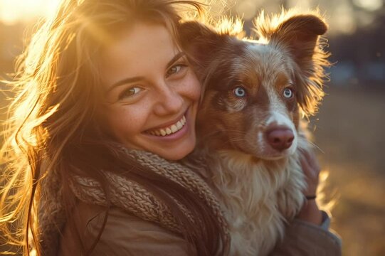 Smiling Woman Hugging Australian Shepherd Dog at Sunset