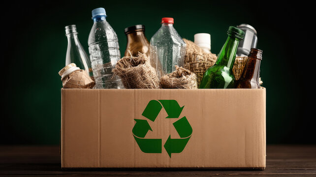 cardboard recycling box filled with various bottles