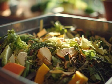 Compost Bin Filled with Fresh Kitchen Scraps in Sunlit Kitchen