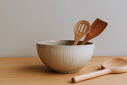 Minimalist Ceramic Bowl with Wooden Kitchen Utensils