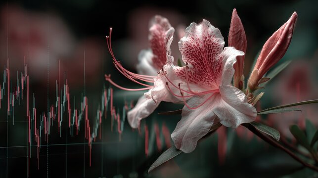 Close-up of a pink flower overlaid with a stock market graph
