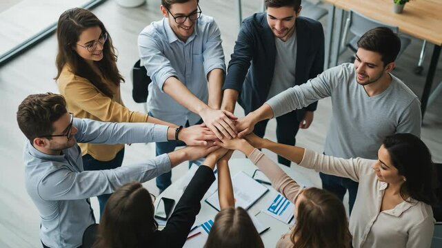 Teamwork thrives as a diverse group of nine smiling young adults celebrates collaboration and unity, stacking hands together over a desk in a modern office to symbolize collective success.