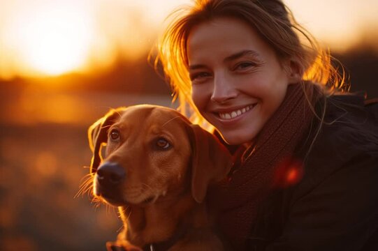 Smiling Woman Hugging Dog in Warm Sunset Light