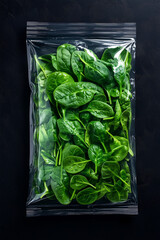 Fresh spinach leaves packaged in a clear bag ready for preparation and cooking in a modern kitchen setting