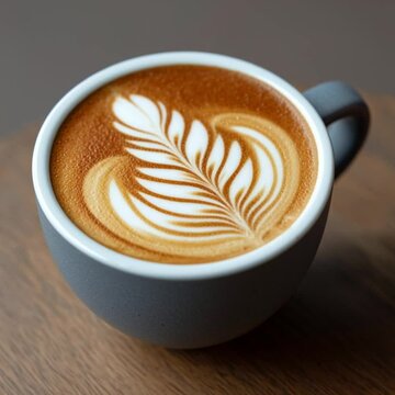 Latte with Tulip Art in Dark Ceramic Cup on Wooden Table