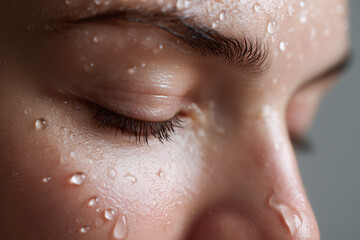 Fototapeta premium Water droplet skin close up face moisture eyelash eyebrow natural beauty texture macro hydration fresh healthy female smooth detail wet spa care cosmetic facial relaxation dew clean natural light