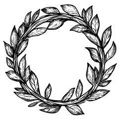 Black and white laurel wreath illustration, funeral and ritual services icon in sketch style