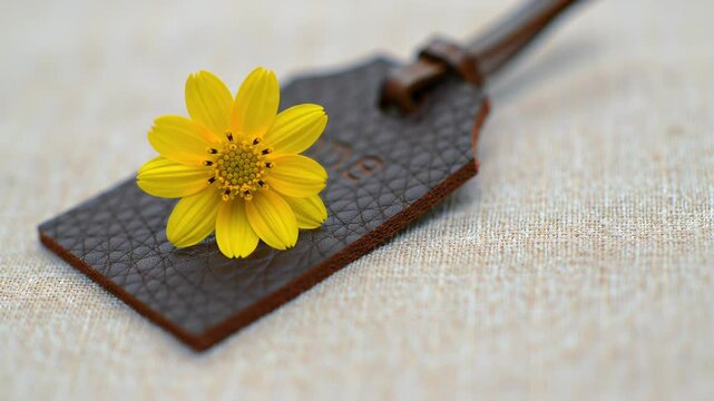 Yellow flower lies on a brown leather label on neutral background