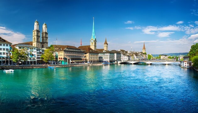 zurich skyline panorama with river limmat switzerland