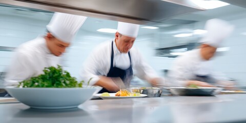 Fototapeta premium Three chefs are working in a kitchen